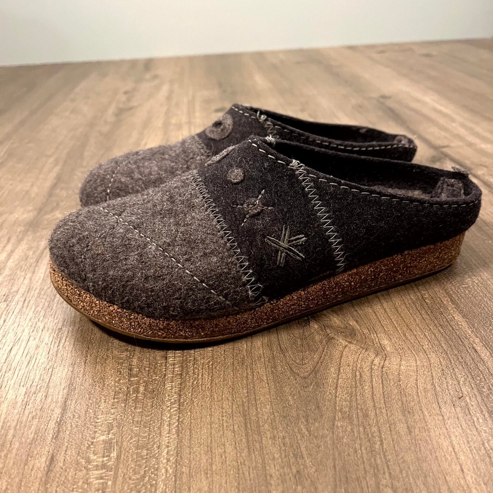 Haflinger Clogs Gray Black Wool Embroidered Cork Mule Slipper Womens 37 US 6